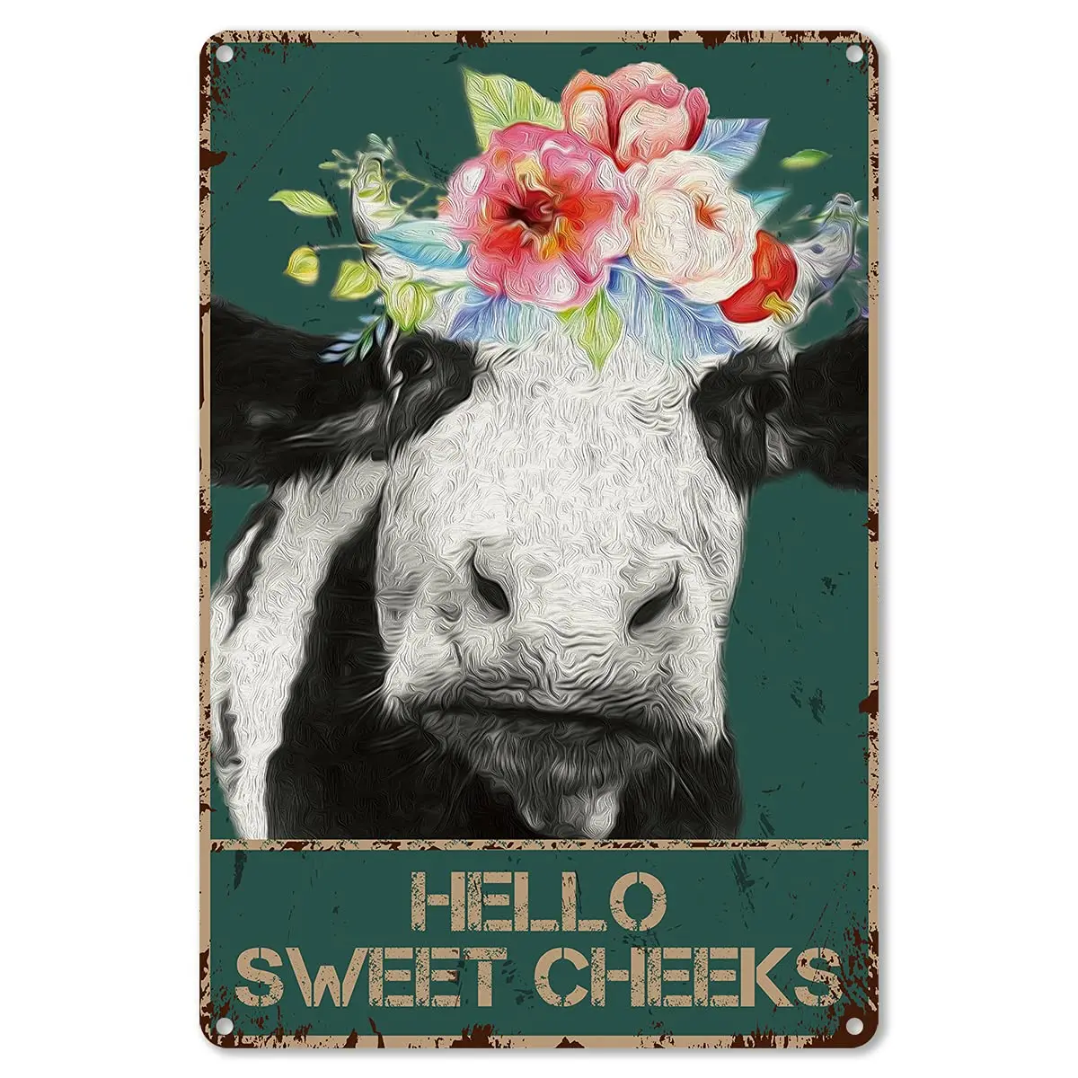 

Vintage Hello Sweet Cheeks Cow Foral Tin Sign for Toilet Bathroom WC Washroom Decor Gifts - Best Farmhouse Decor Gift Ideas