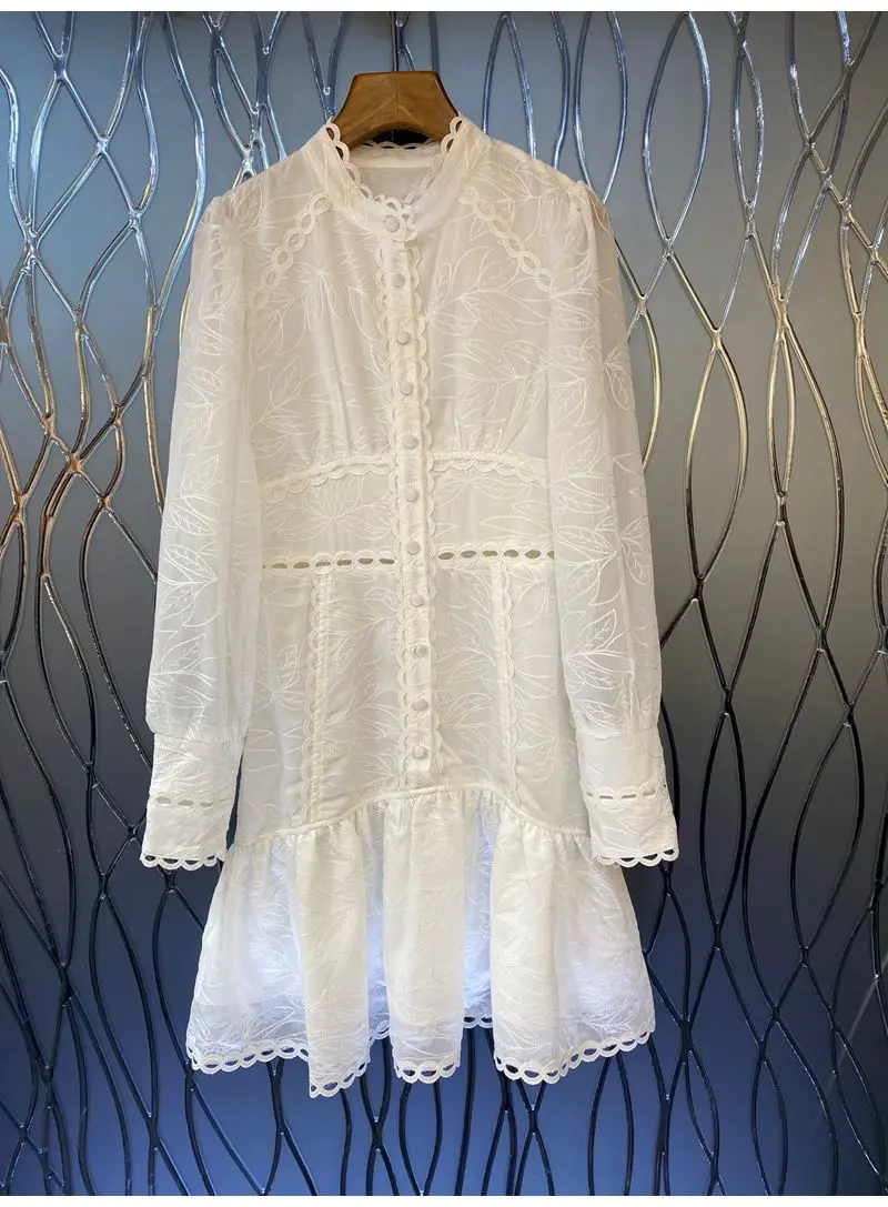 

Женское ажурное платье с вышивкой, белое или желтое платье-туника на пуговицах с длинным рукавом, украшенное вышивкой, весна 2022