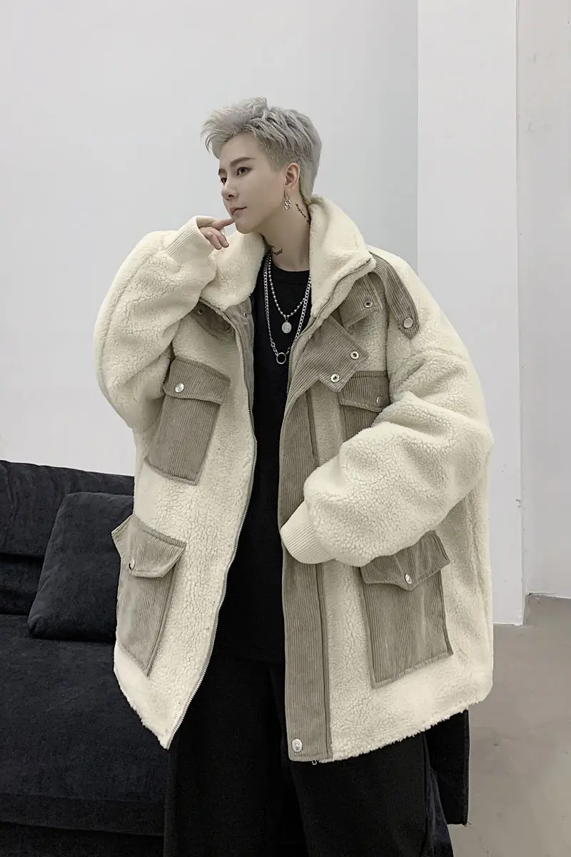 

IEFB oversized men's clothes corduroy patchwork Multi Pocket loose lamb wool cotton padded coat stand collar jackets zipper 4430