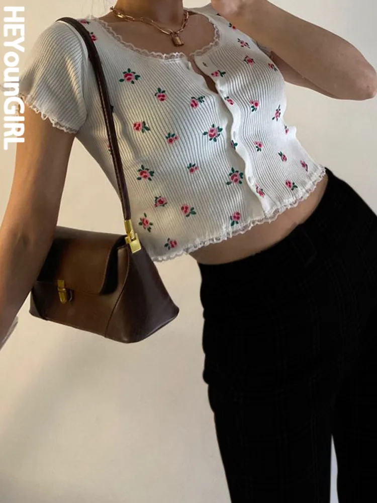 

Женские укороченные топы HEYounGIRL на пуговицах с цветочным принтом и коротким рукавом, Милая Тонкая модная футболка Y2K, повседневная женская у...