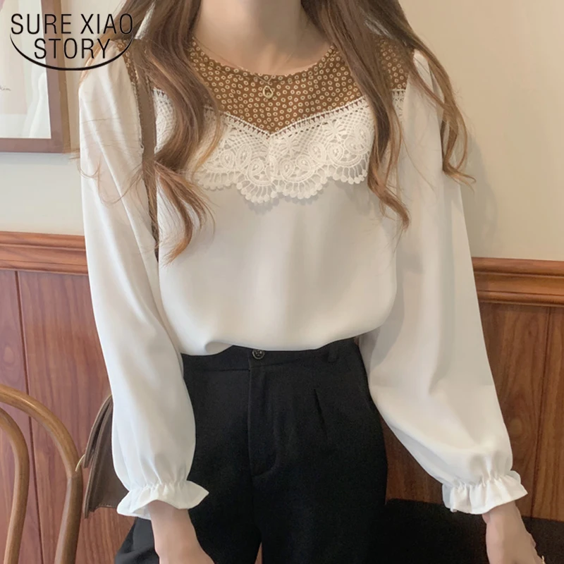 

2022 Spring O Neck Blouse Women Loose Floral Print New Flare Sleeve Chiffon Shirt Lace Hollow Patchwork Tops Lady Blusas 13287