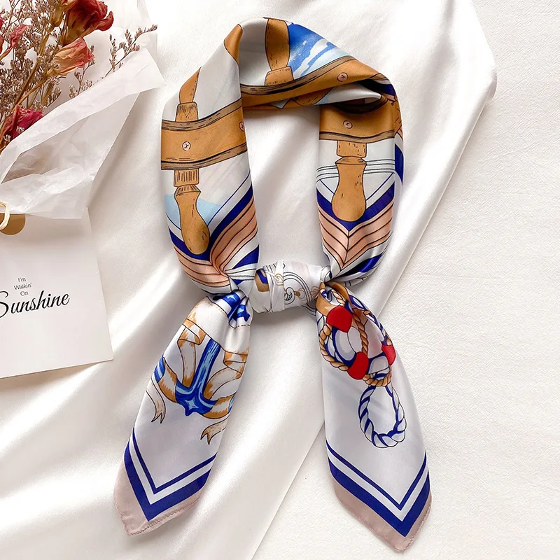 

2021 Fashion 70*70cm Square Women Ocean Anchor Silk Shawl Scarf Office Lady Hair Neck Headband Foulards Headcloth Muslim Hijab