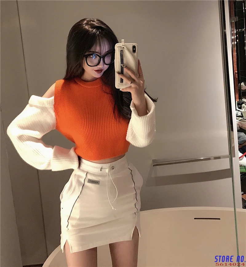 

Contrast Color Strapless Pullover Knitwear Short Crop Top Sweater 2020 Autumn Korean Causal Sexy Jumper Pull Femme 55186