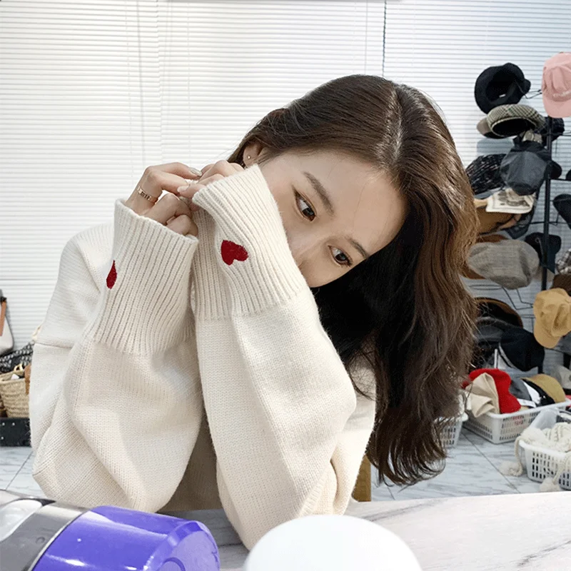 Для женщин свободный свитер с высоким воротом любовь платья нежного Красного