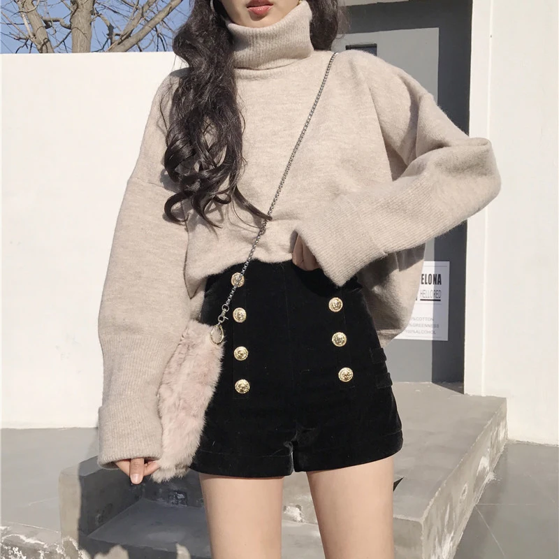 Женские модные шорты шикарные двубортные мягкие бархатные с высокой талией