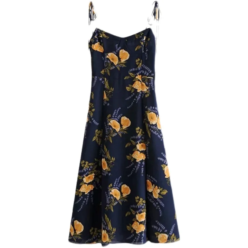 

Women's V Neck Floral Spaghetti Strap Summer Casual Swing Beach Dress 2021 ZA New Party Elegant Off Shoulder Sleeveless Dresses