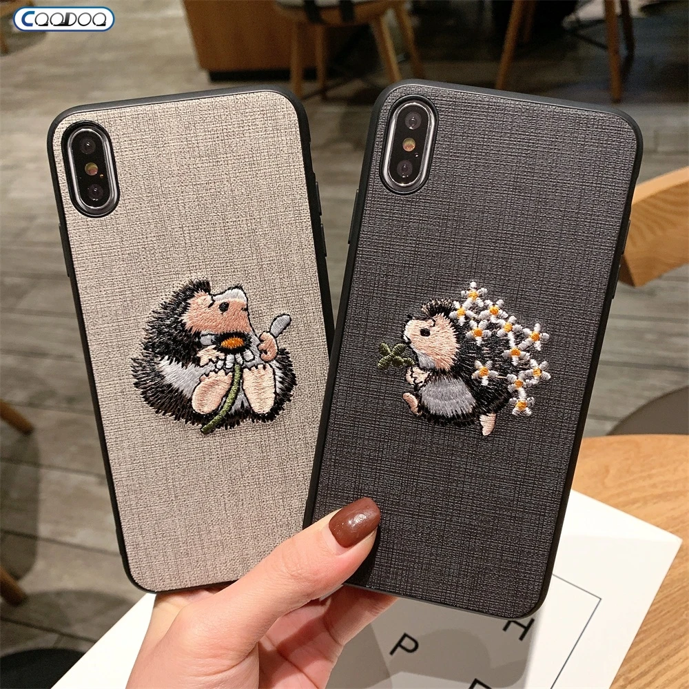 Чехол для телефона с 3D вышивкой iPhone 11 Pro Max рисунок ежика ворс чехол X XR XS MAX 6 6S 7 8 Plus