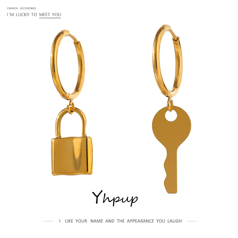 Yhpup Asymmetrical Lock Key Hoop Earrings for Women 18 K Plated Metal Jewelry Stainless Steel Statement Waterproof серьги