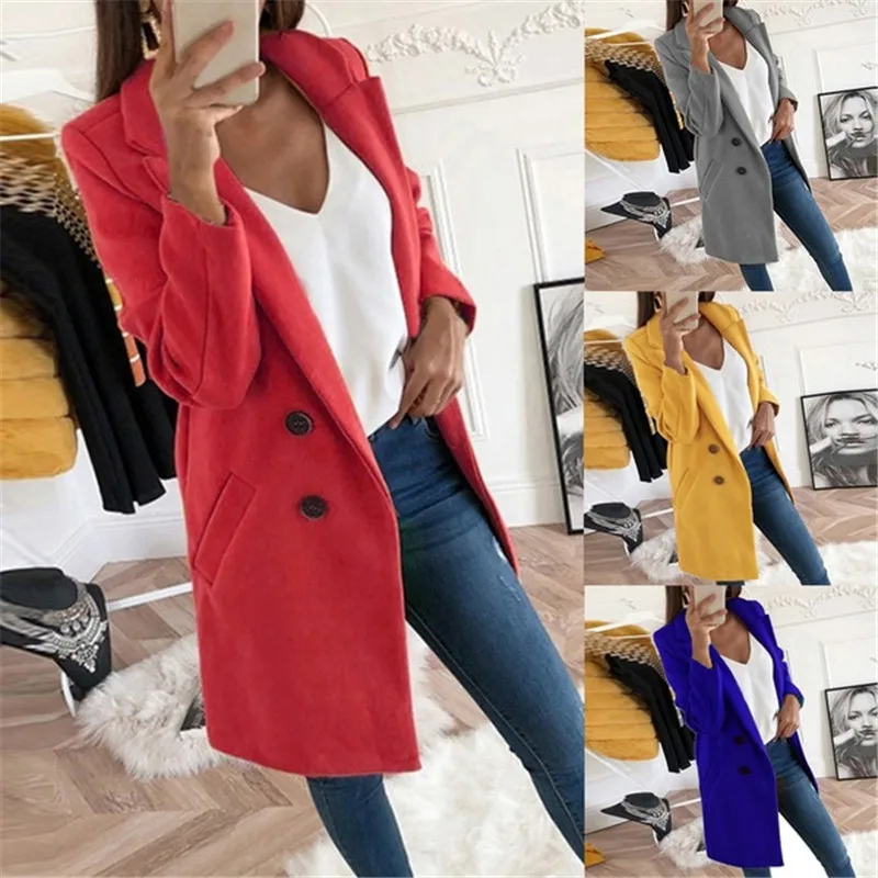 

2021 Autumn Winter Long Woollen Blends Solid Fashion Plus Size Button Outwear Jackets Pockets Slim Casual Long Sleeve Coats