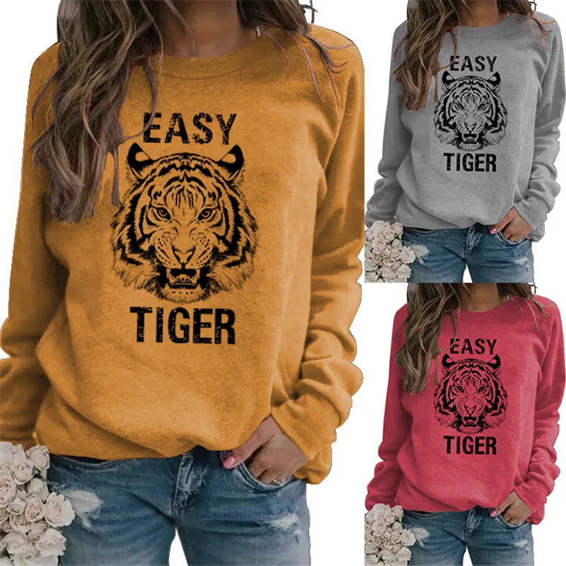 2022 winter women's sweater street fashion modern women tiger print simple pullover sweatshirt easy tiger long-sleeved jacket