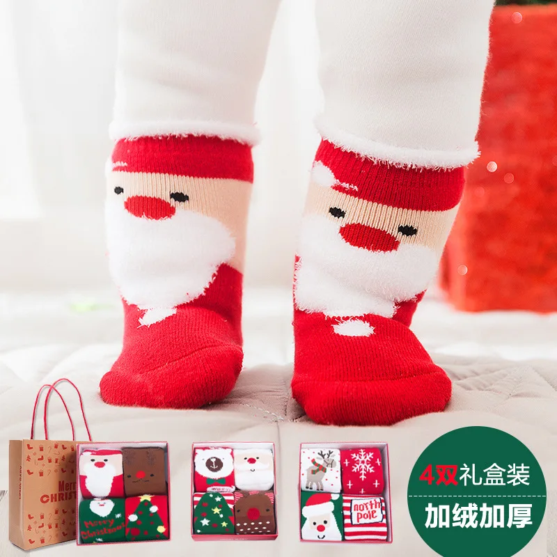 

4Paris/Set Christmas Baby Socks Red Terry Toddler Socks Newborn Non-slip Toddler Socks Christmas Soft Stocking Baby Accessories