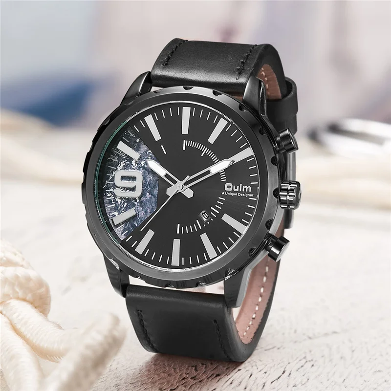 Oulm Мужские часы с коричневым кожаным ремешком Авто Дата кварцевые наручные