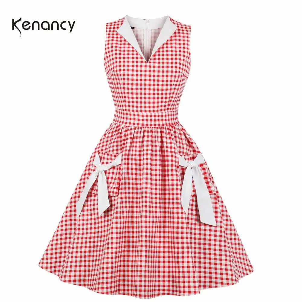 Женское винтажное платье в клетку с бантом и карманами|Женские платья| |