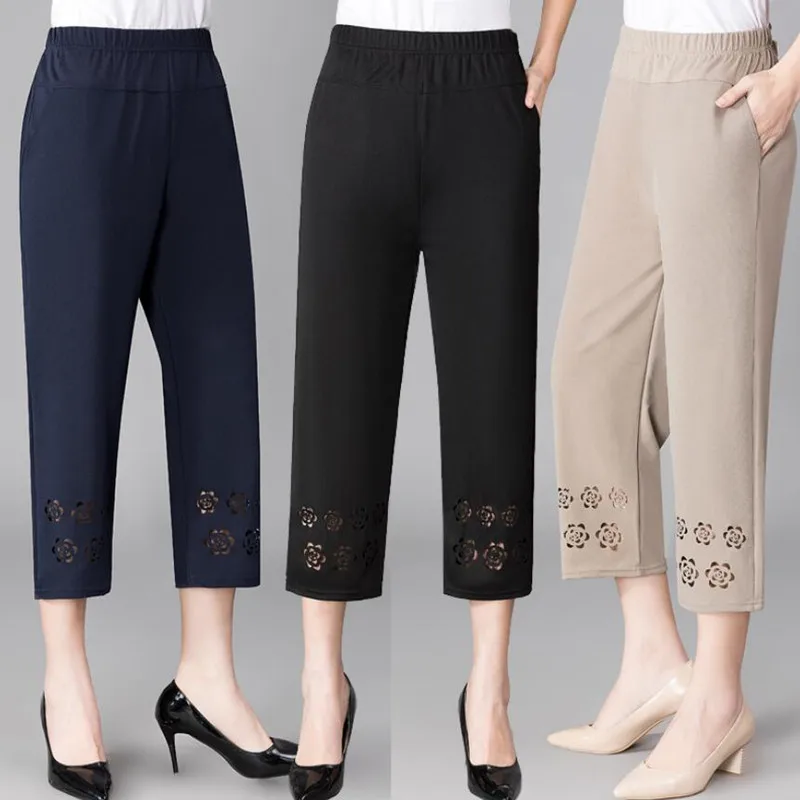 

2021 Summer Cropped Pants Women Thin Elastic Waist Loose Casual Straight Pants Plus Size XL-5XL Mother Clothing s1071