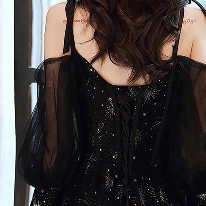 

Sequins Black Evening Dresses Spaghetti Strap A-line Floor-length Simple Deep V-Neck Sexy New Lace Woman Formal Party Dress A348