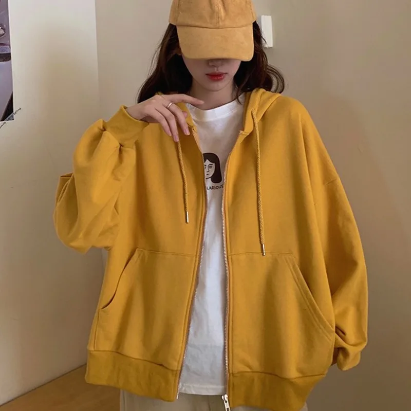 

Basic Jackets Solid Students 2021 Korean Style Loose Hooded Outwear Chic Leisure Womens Zipper Coats Female Classic Sweet Girls