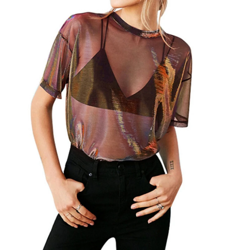 Летняя Сексуальная женская прозрачная футболка с коротким рукавом топы круглым