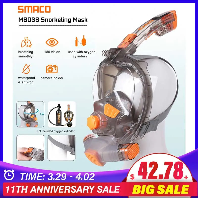 Маска для ныряния на все лицо противотуманная водонепроницаемая | Спорт и