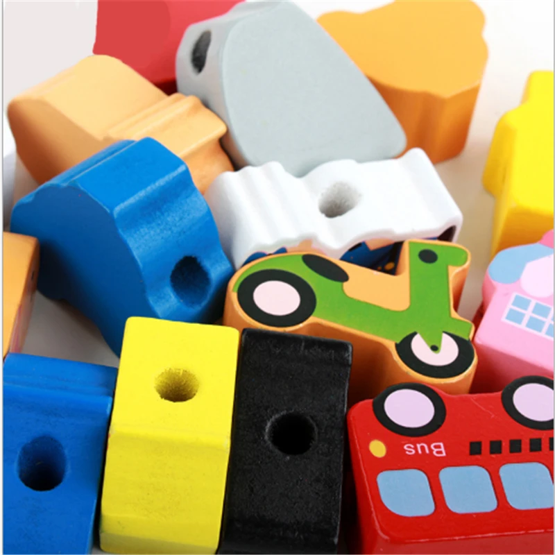 

Beech Wood Blocks Cartoon Animals Fruit Block Wooden Toys Stringing Threading Beads Game Educational Toy for Baby Kids Children