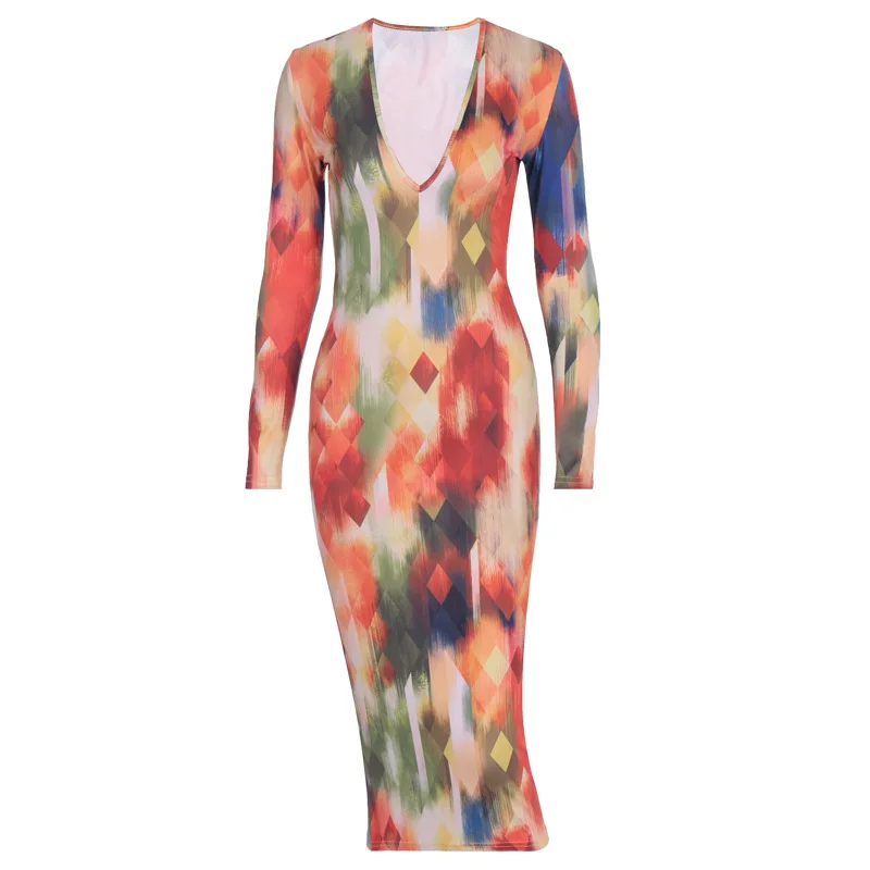 

93D9C1612W Spring fashion leisure temperament new women's 3D pattern printing sexy V-Neck long sleeve dress