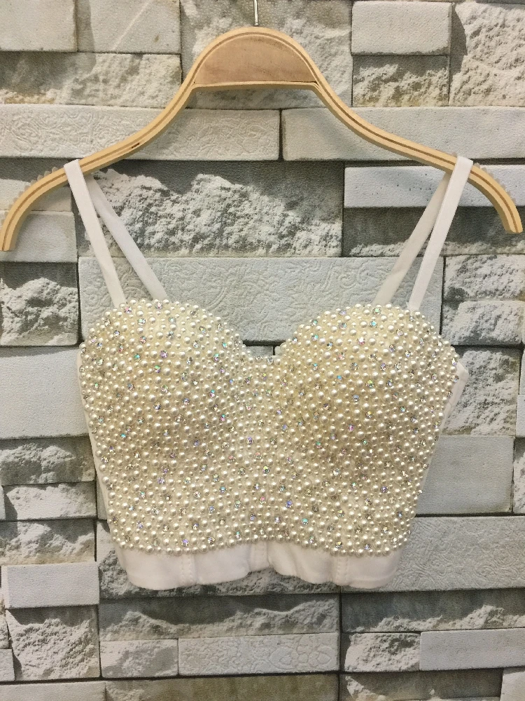 

P59 New High-end Hand-made Pearls Jewel Diamond Bralet Women's Corset Bustier Bra Night Club Party Cropped Tops Plus Size