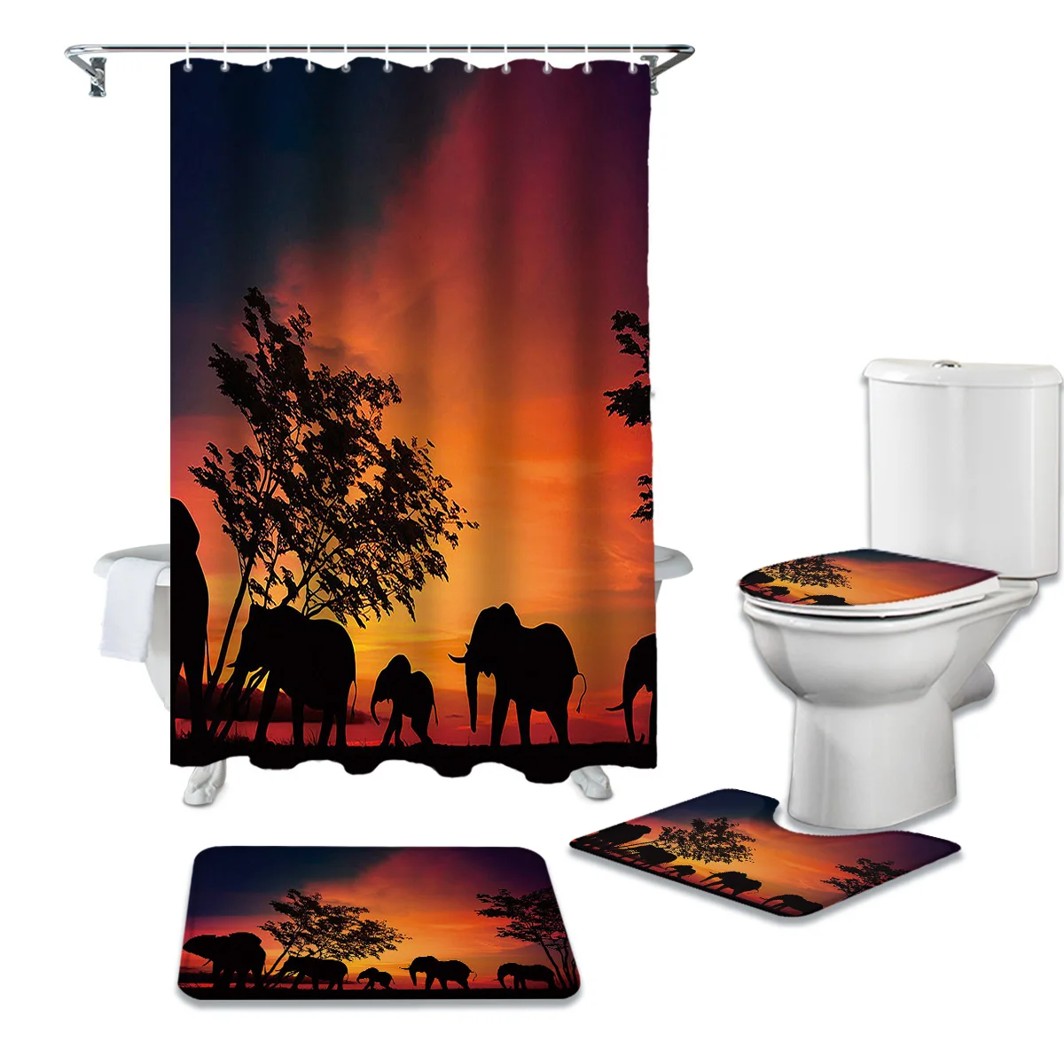 Сумерки деревья слонов Ванная комната Шторы комплект набор ковриков для ванной