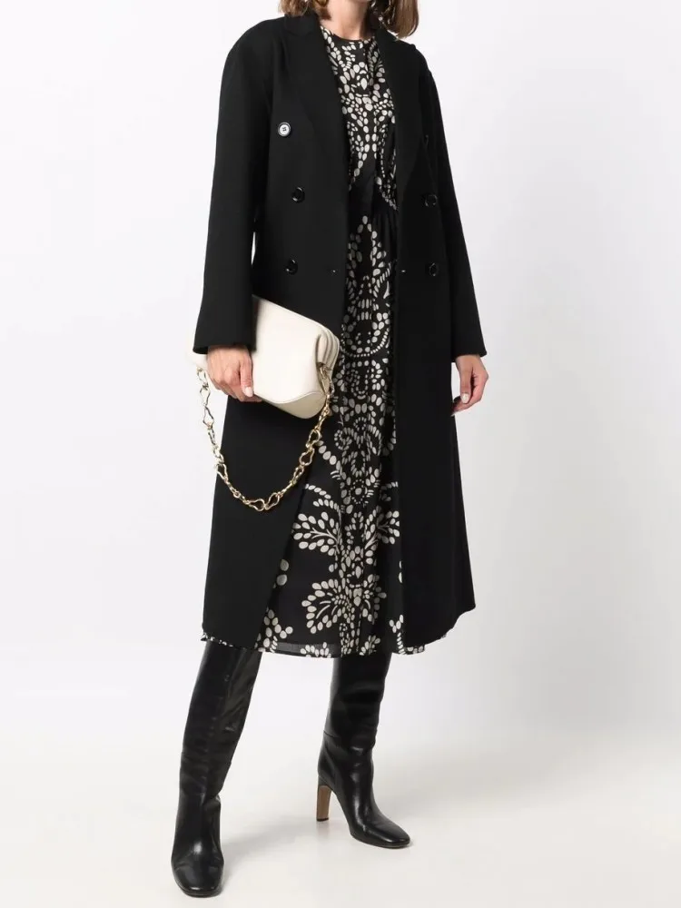 

New Winter Woolen Coats For Women Classical Black Noteched Double Breasted X-long Overcoat Full Sleeve Elegant Straight Outwear