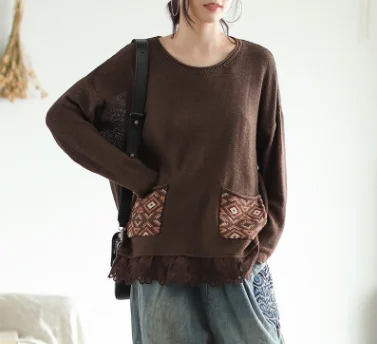 Coffee color Осенний свитер, Женский вязаный модный Свободный пуловер, новинка, женские топы с круглым вырезом, с длинным рукавом, с карманом, Повседневный свитер Mori girl - Цвет: Coffee color