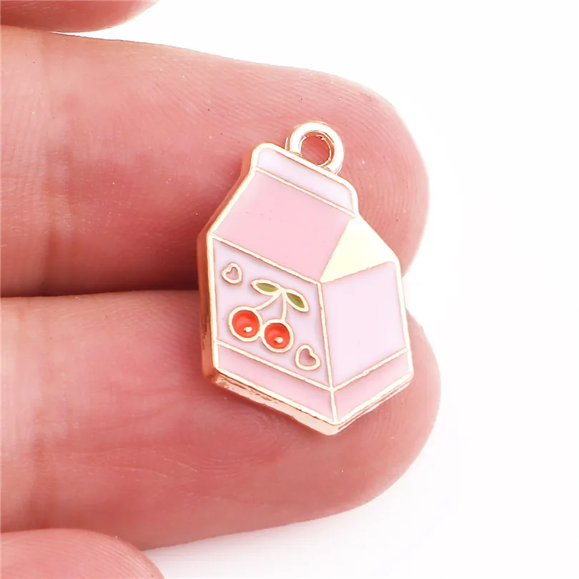 

15pcs Alloy Drop Oil Cherry Pink Milk Carton Bottle Golden Pendant Findings Charms for Jewelry DIY Necklace Accessories Making