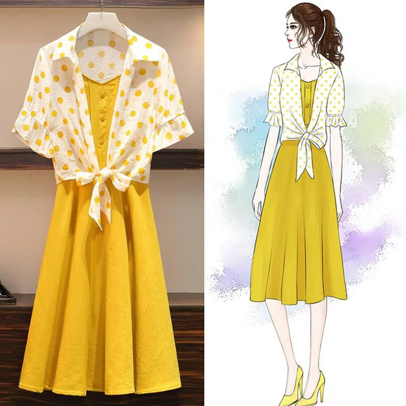 

2019 Summer Fashion Dress Manteau Femme Mid-Long Suspender Dress 2 Piece Set Versatile Small Shawl Shirt & dresses Female D28