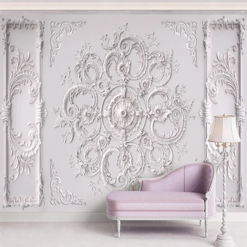 Murales de papel tapiz europeo 3D de yeso tallado, papel tapiz blanco para pared, techo, dormitorio, decoración de sala de estar, no tejido