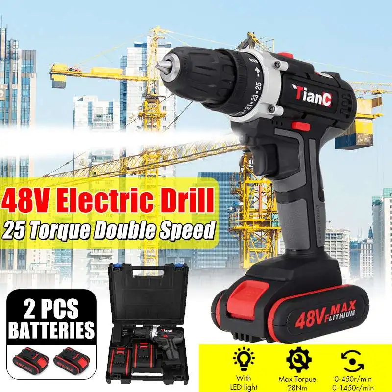 

48V 25+3 Torque Cordless Electric Drill Wireless Screwdriver Wireless Power Driver Wrench Power Tools With 2PCS Lithium Battery