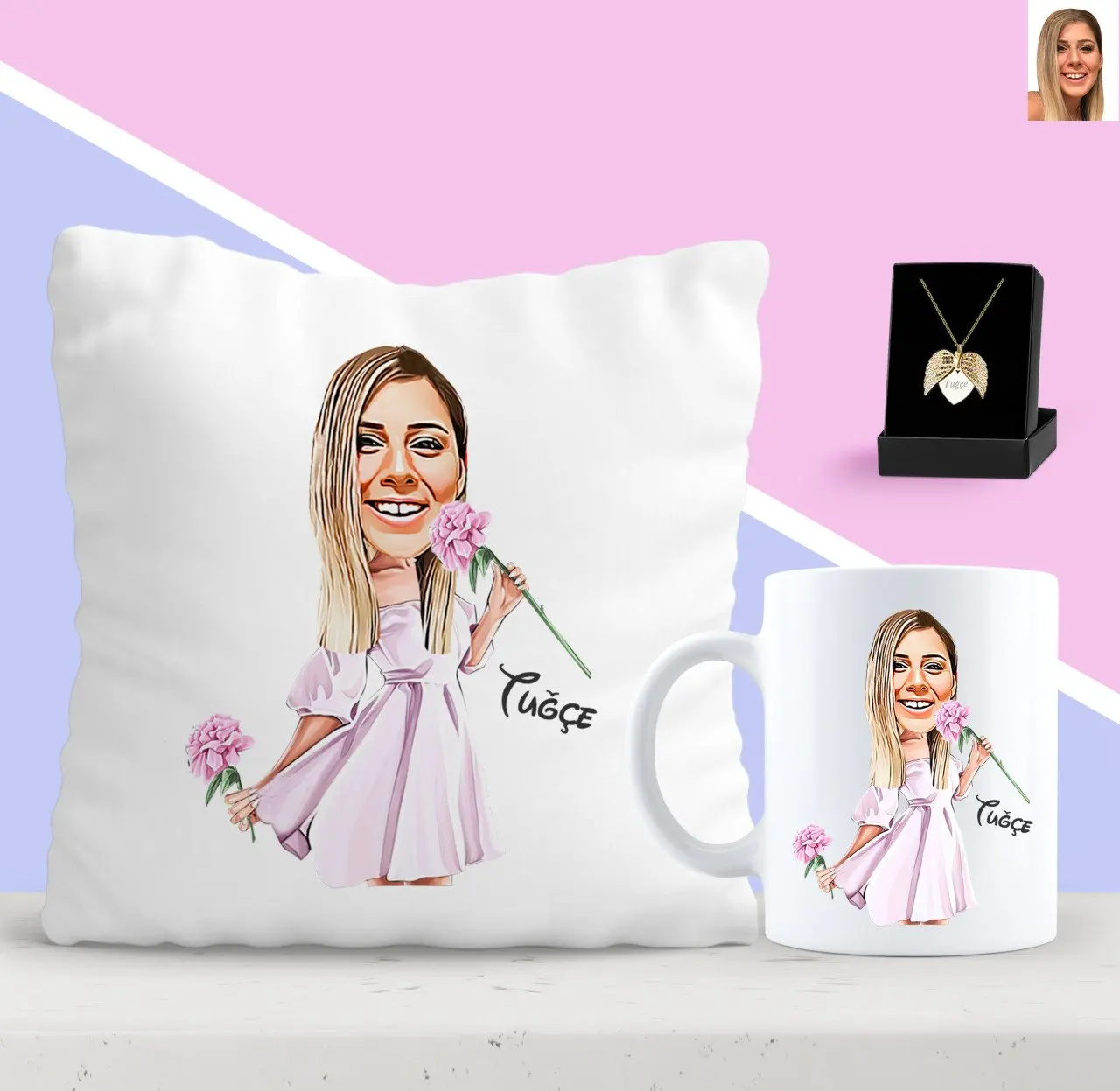 

Personalized Women 'S Caricature Of Pillow mug And Angel Necklace Seti-11