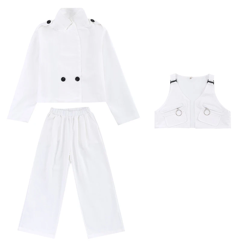 

2021 Kids Handsome Street Dance Clothing Girls Long Sleeve White Hip Hop/Jazz Dance Costume Children Catwalk Show Rave Outfit
