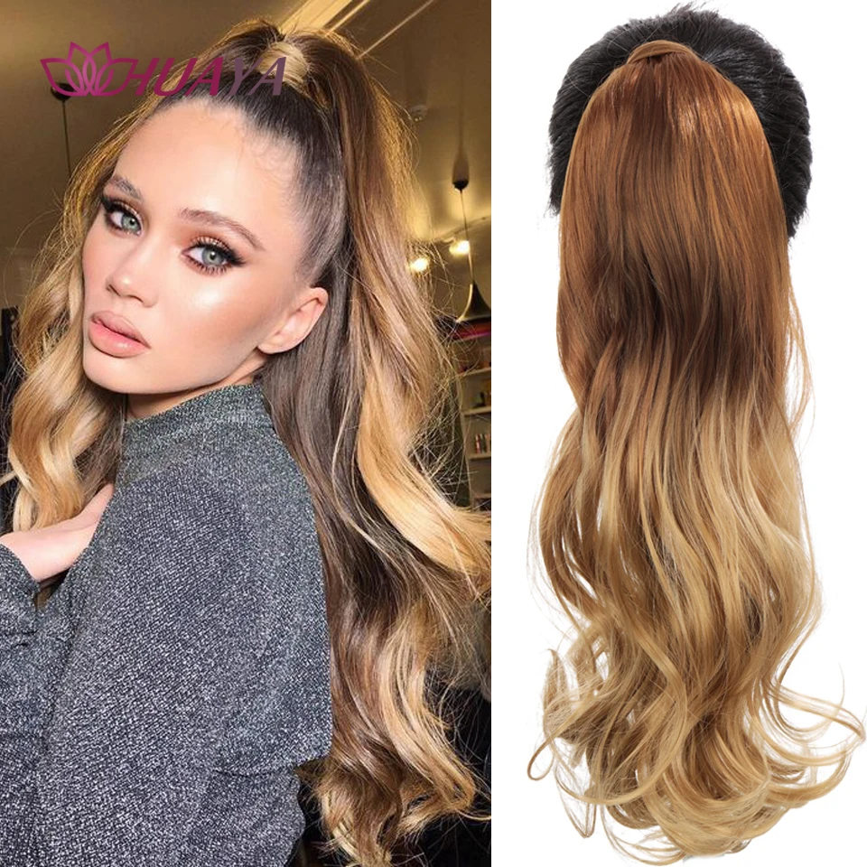 

HUAYA Long Wave Ponytail Natural Hair Extension Tress Synthetic Hairpiece Ombre Brown Tail Blonde False Strands Clip-on Hair