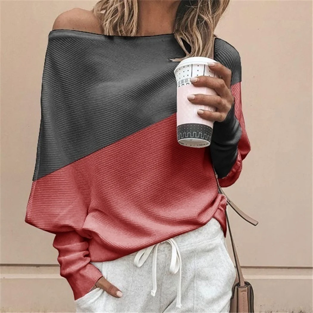Plus Size Women Batwing Sleeve Sweater Autumn Off Shoulder Knitted Sweaters Pullover Tops Ladies Patchwork Loose Jumper Knitwear | Женская