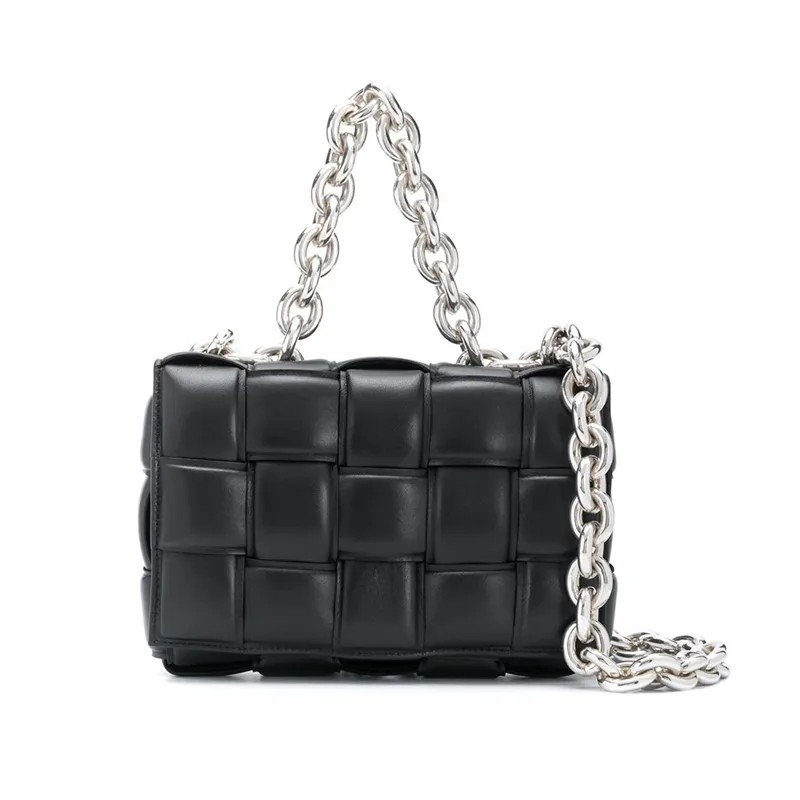 

Genuine Leather Padded Cassette Bag Crossbody Bag In Double-face Maxi Weave Real Leather Chain Clutches Messenger Pillow Bags