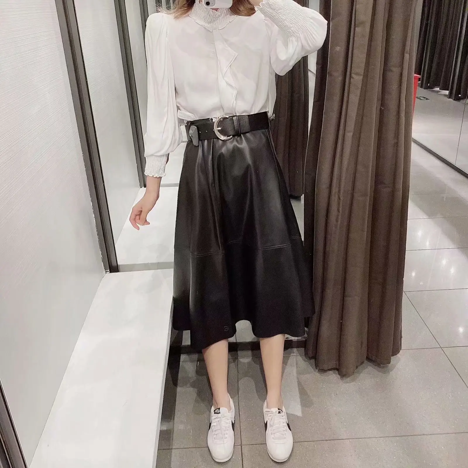 

Women PU Faux Leather Skirt Female Side Zipper Stylish Skirts Belt Elegant A-line Black Midi Skirt