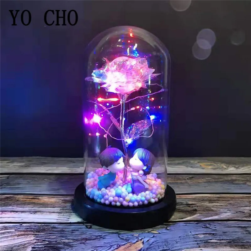 

YO CHO Christmas Decor LED Colorful Foil Eternal Rose In Glass Dome Wooden Base Valentine's Day Gifts Santa Claus Lamps Ornament