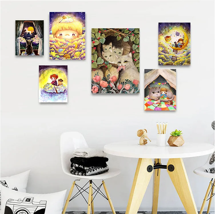 Abstract Avatar Lovely Girl and Cute Cat Canvas Paintings Print Poster Wall Art Bedroom Living Room Child Kits Home Decoration | Дом и сад