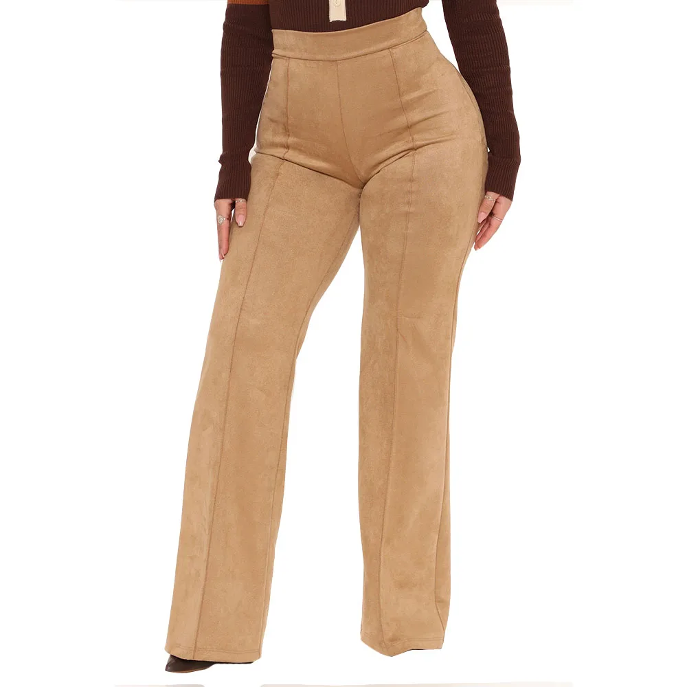 Женские прямые брюки из искусственной замши с высокой талией облегающие