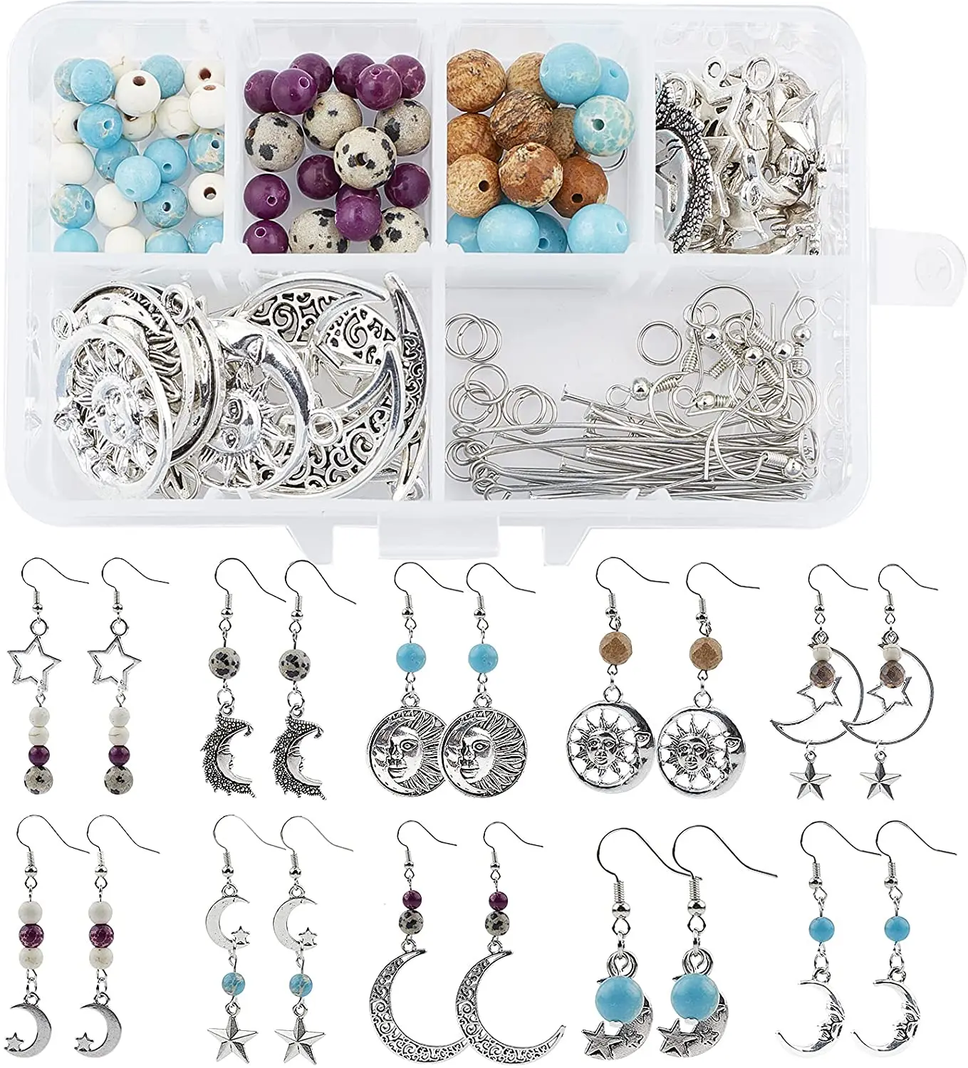 

1 box of DIY10 pairs of Tibetan iron earrings set star moon sun alloy pendant gemstone round bead jewelry making supplies