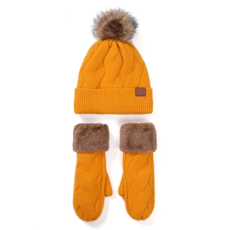 

2Pcs Women Winter Faux Fleece Lined Warm Cable Knit Pompom Beanie Hat Gloves Set