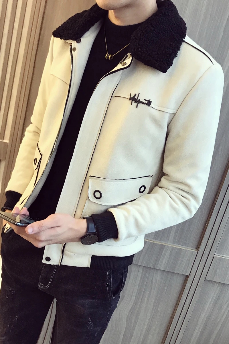 

2021 New autumn and winter wool lapel suede cotton men's short large pockets cotton jacket trend embroidery cotton jacket male
