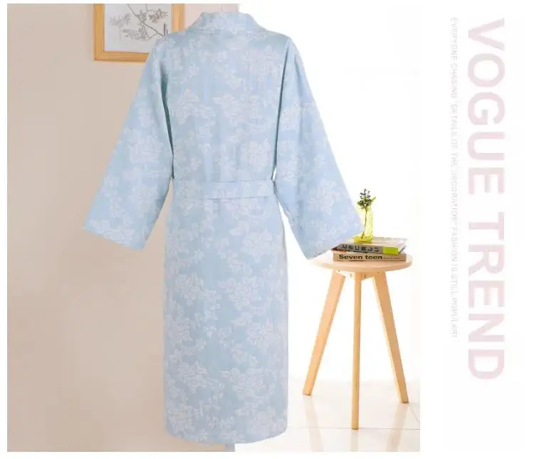 

Blue Flower Women Robe Gown Cotton Gauze Bathrobe Gown Long Sleeve Sleepwear Femme Casual Nightgown Loose Nightwear Home Clothes