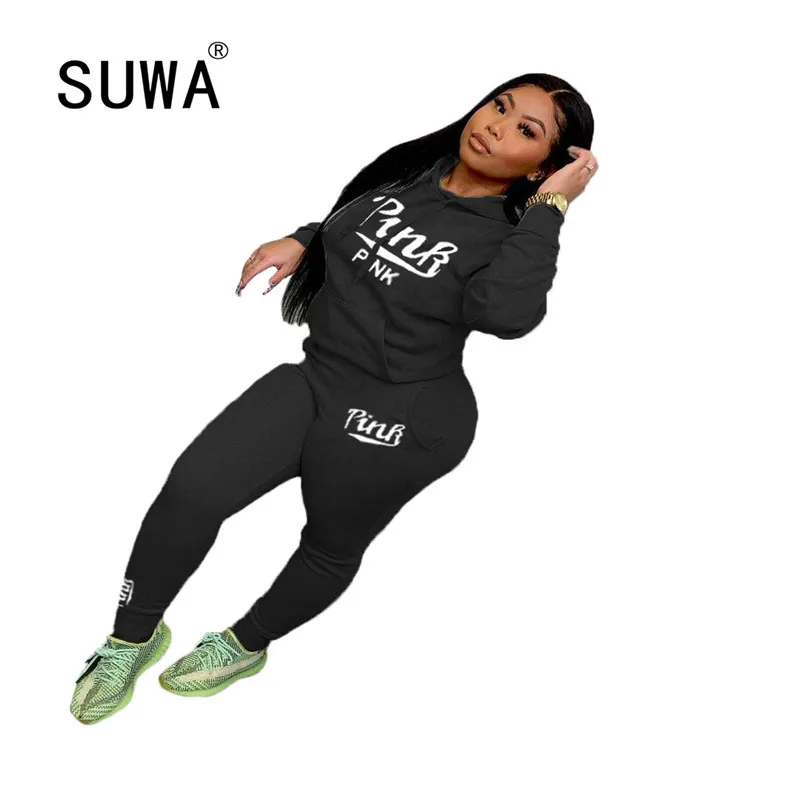 

Pink Letter Printed Workout Two Piece Outfits Women Sets Clothes Fall Winter Sweatshirt Top Jogger Leggings Tracksuit Fitness
