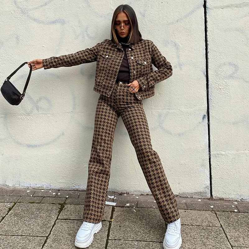 

Houndstooth Plaid Print Women Pants Top Shirt Skinny Brown Casual Long Slim Loose Skinny Autumn High Waisted Lady Trousers Top
