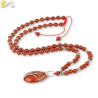 csja natural gem stone red jaspers necklaces tree of life wire wrapped pendant 7 chakra beaded long necklace for women men s482