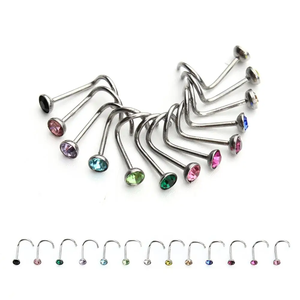 

20pcs/lot Silver Color Stainless Steel Rhinestone Crystal Nose Studs Hooks Bar Pin Nose Rings Body Piercing Jewelry For Women