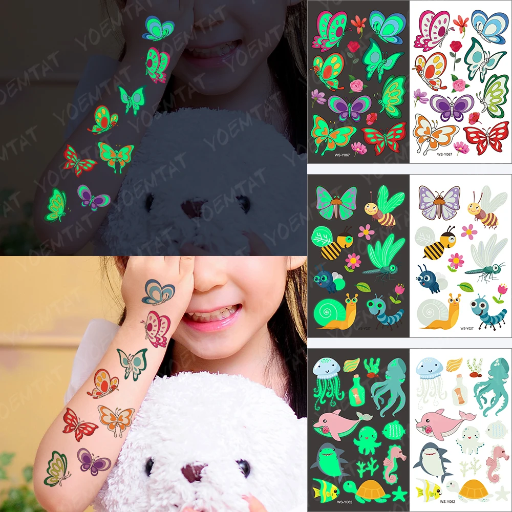 

Waterproof Temporary Tattoo Sticker Cartoon Children Kid Luminous Flower Butterfly Girl Animal Tatoo Glowing Flash Fake Tatto